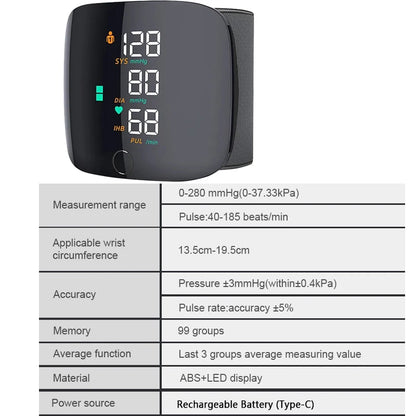 Rechargeable Digital Wrist Blood Pressure Monitor Sphygmomanometer Tonometer Tensiometer Blood Pressure Heart Rate Monitor