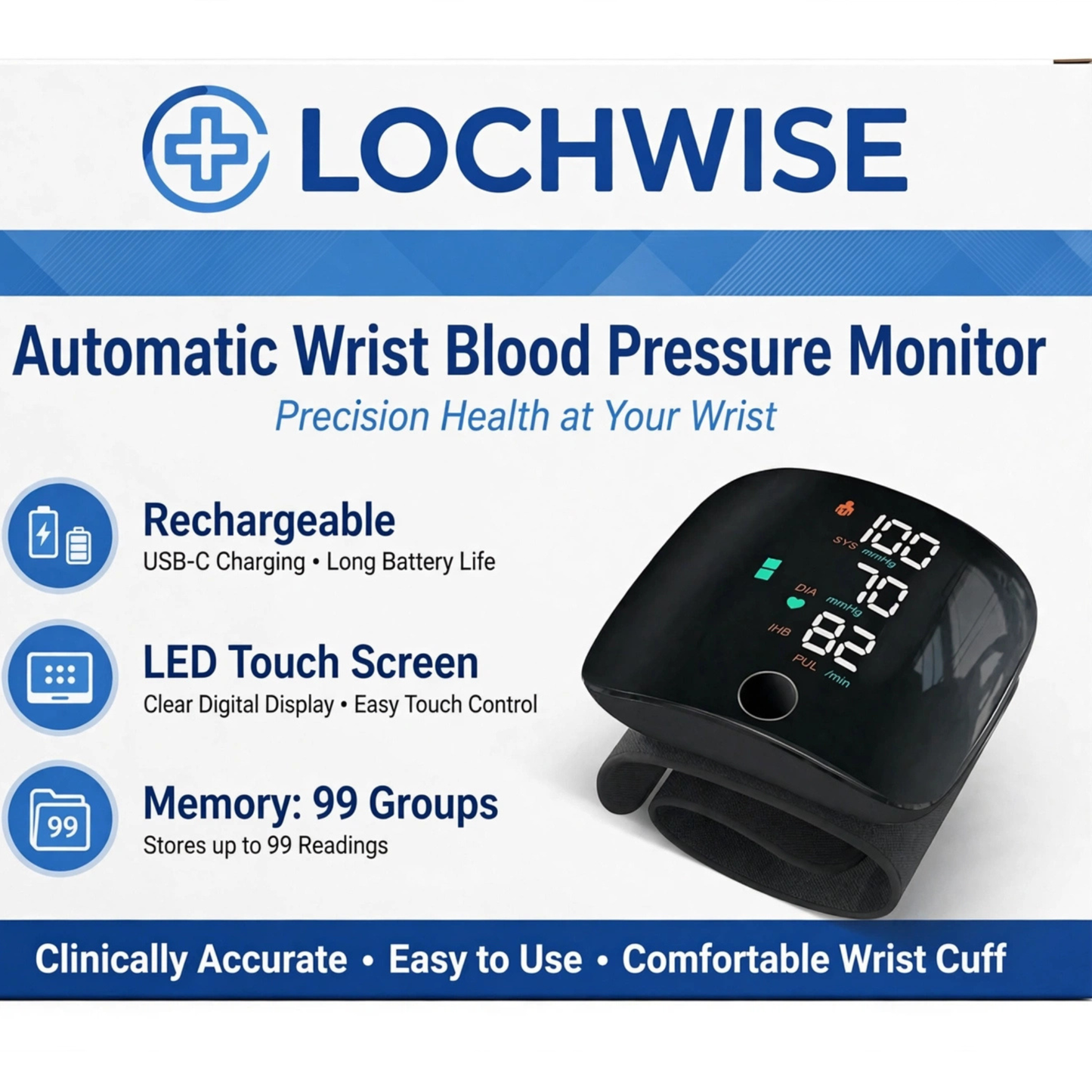 Rechargeable Automatic Wrist Blood Pressure Monitor - Digital BP & Heart Rate Monitor with Pulse Reading