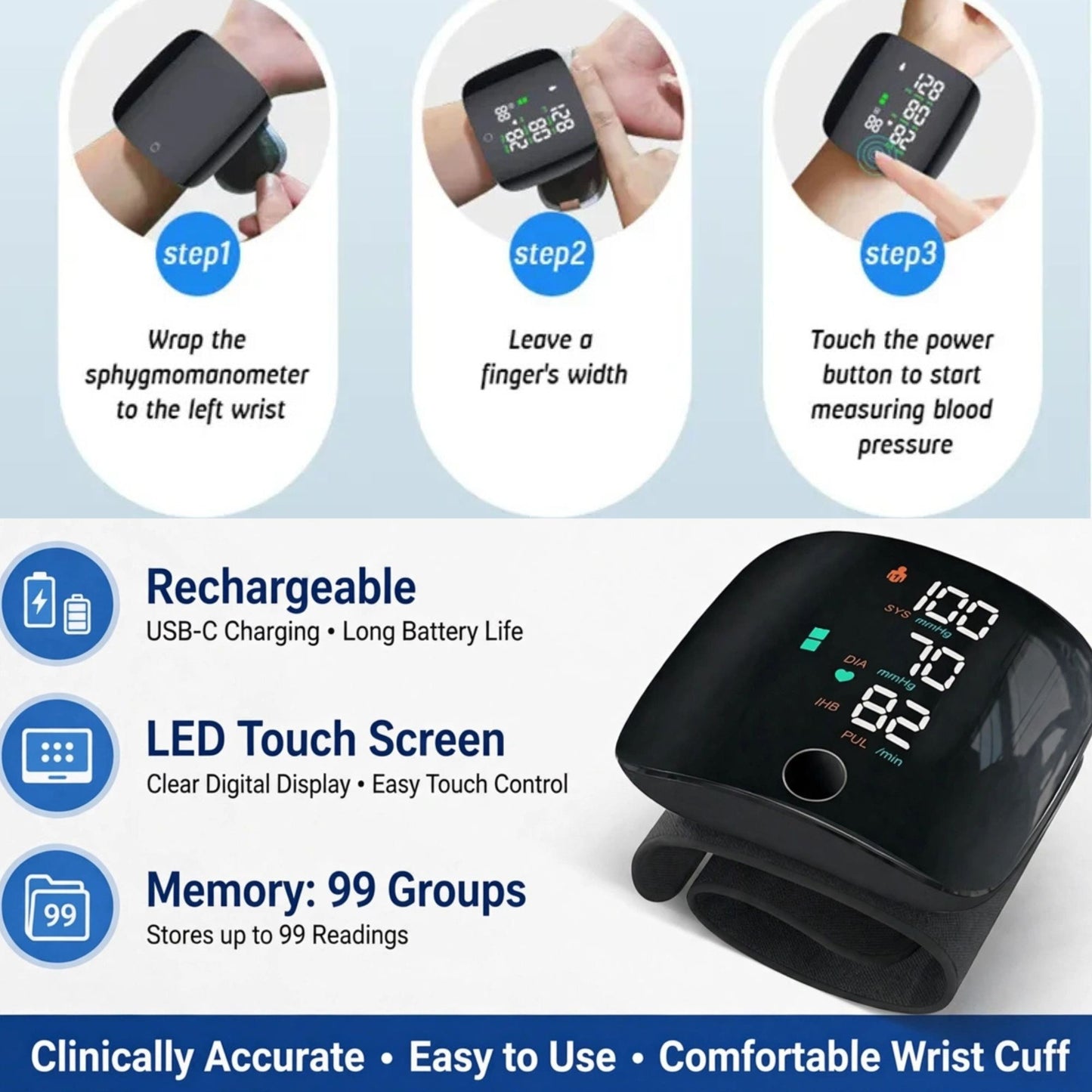Rechargeable Automatic Wrist Blood Pressure Monitor - Digital BP & Heart Rate Monitor with Pulse Reading